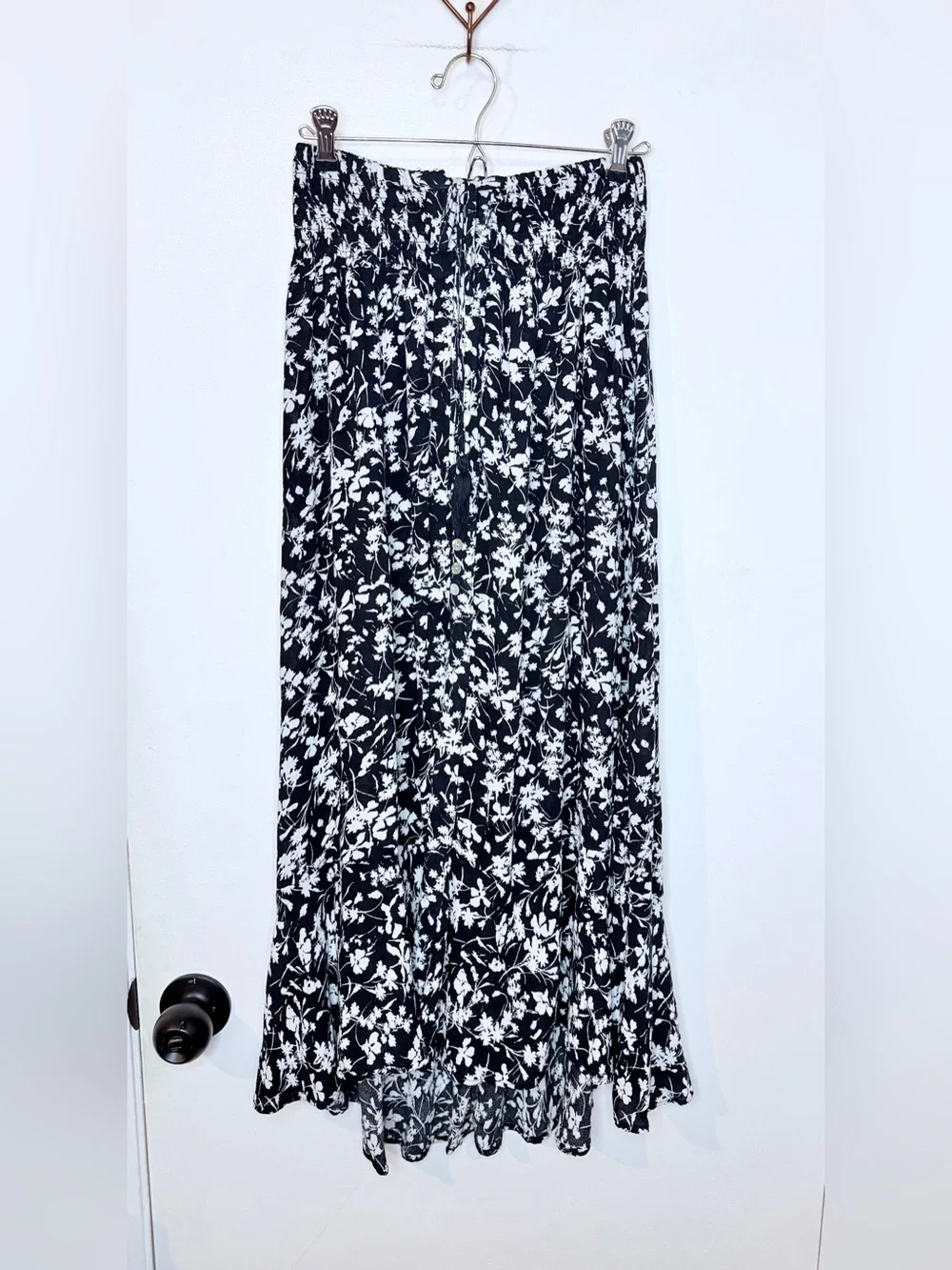 Rachel Zoe Boho Maxi Skirt  S Black Floral Smocked Waist  Button Up Cottagecore